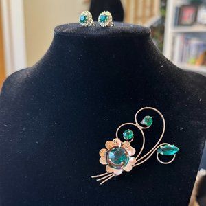Vintage Sterling Silver Floral Pin Rose Gold Vermeil Emerald Tone Gems Earrings